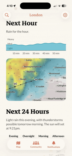 Next-hour precipitation in London, England